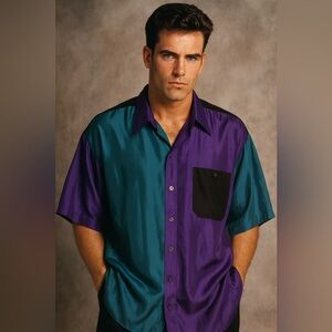 Vintage 90s Nine Twenty East 100% Silk Colorblock Shirt XL Teal Purple Button Up
